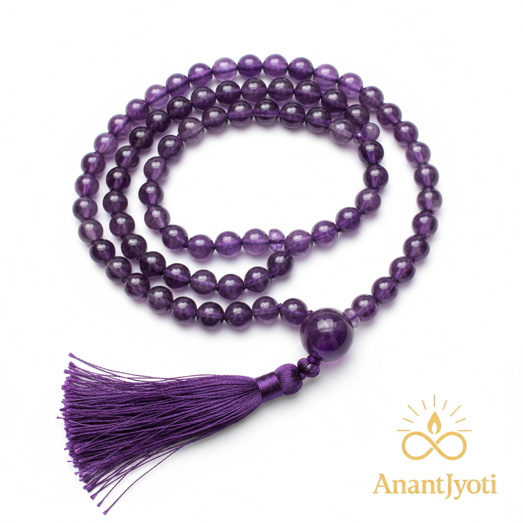 108 Amethyst Beads Japa Mala – Spiritual Healing & Calming Meditation Necklace - AnantJyoti