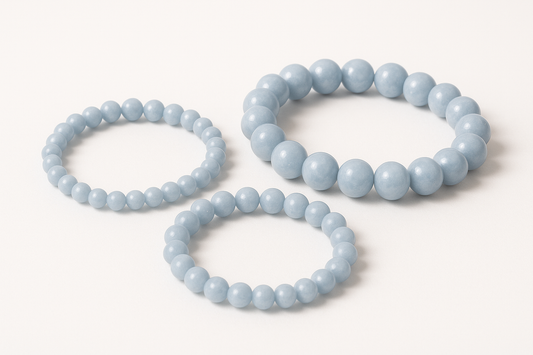 Angelite Crystal Bracelet 6mm, 8mm, 10mm placed in style for shopify upload image
